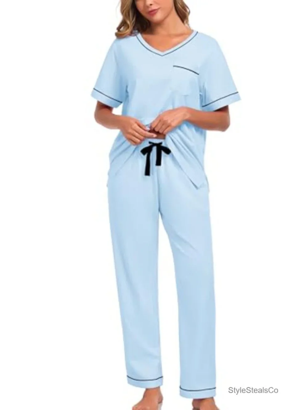 100% Cotton Women's Pajama Set V Neck Lounge Sleepwear with Pockets